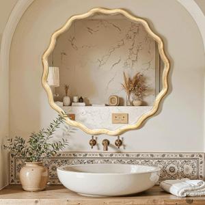 Circle Wood Mirrors for Wall, Wavy Round Bathroom Scalloped Mirror Wooden Frame 28 Inch for Living Room Farmhouse Bedroom Hallway Entryway Living Room with Shatterproof Glass Wall Mounted