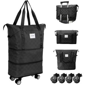 WOOMADA Rolling Duffel Bag With Wheels, Detachable Rolling Carry-On Luggage, Expandable Foldable Large Suitcase for Travel, Business, Camping, Gift for Parents, Spouse(black checkerboard)