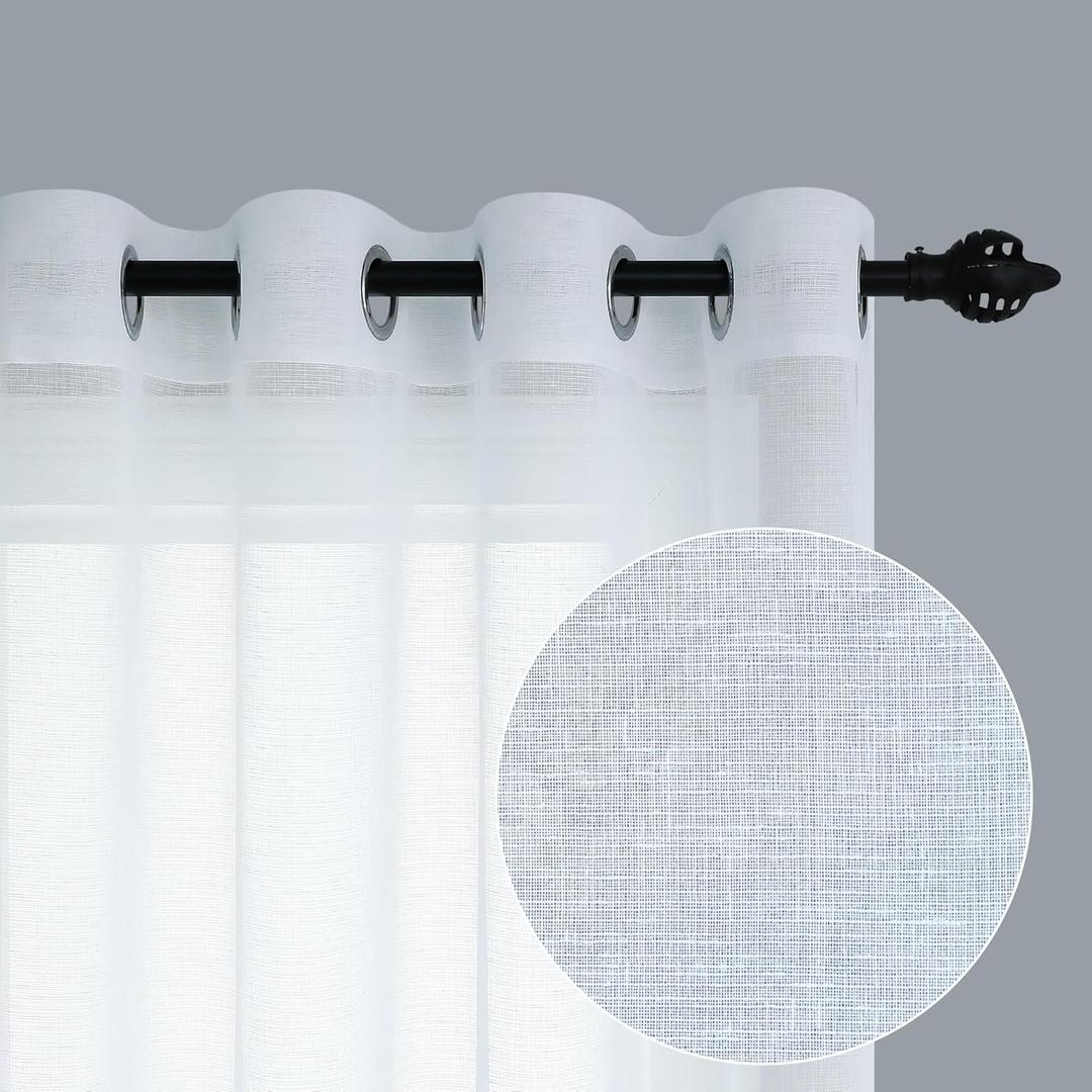 Pitalk White Sheer Curtains 96 Inches Long for Living Room Decor 2 Panels Grommet Faux Linen Light Filtering Voile Sheer Drape Floor Length Curtains for Bedroom Patio Door Picture Window 52x96 Length