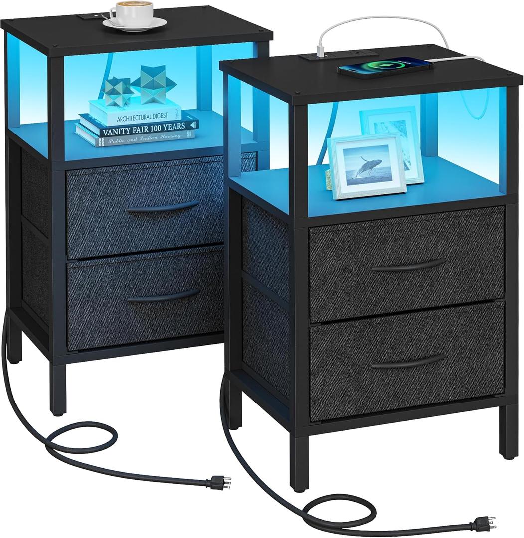TUTOTAK LED End Table with Charging Station, Nightstand with Cloth Drawer, Side Table with Outletst, Set of 2, Couch Table, Black TB01BK068, 11"D x 15.4"W x 23.7"H