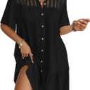Bsubseach Swim Cover Up for Women Lace Splicing Bathing Suit Cover Up Bell Sleeve Beach Dress