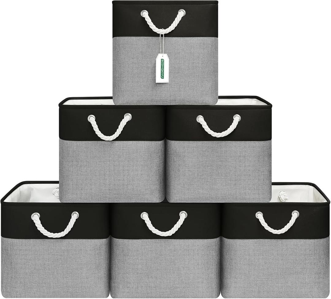 ECDYQXVU 13x13 Inch Cube Storage Bins with Reinforced Bottom Cardboard, 6 Pack Large Foldable Fabric Storage Cubes with Handles for Shelf, Closet, Laundry Organization (Black&Gray)