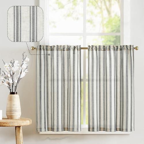 jinchan Striped Linen Kitchen Curtains 36 Inch Tiers Cafe Curtains Farmhouse Small Drapes for Windows Short Balanced Stripe Half Window Light Filtering for Bathroom Laundry 2 Panels Black on Linen