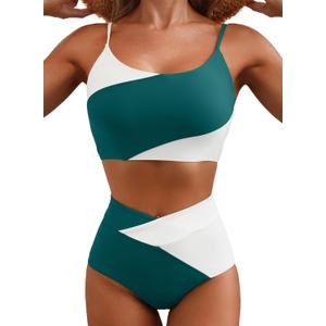 Herseas Women 2 Piece High Waisted Bikini Sets Color Block Popular Swimsuit 2026 Summer Beach Best Bathing Suits (Small, Olive Green)