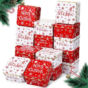 Lallisa 24 Pcs Square Christmas Cookie Tin Tinplate Candy Boxes with Lids Large Capacity Holiday Empty Xmas Metal Gift Box Xmas Party Favor Cookie Containers for Storing Candies Biscuits Goody Treat