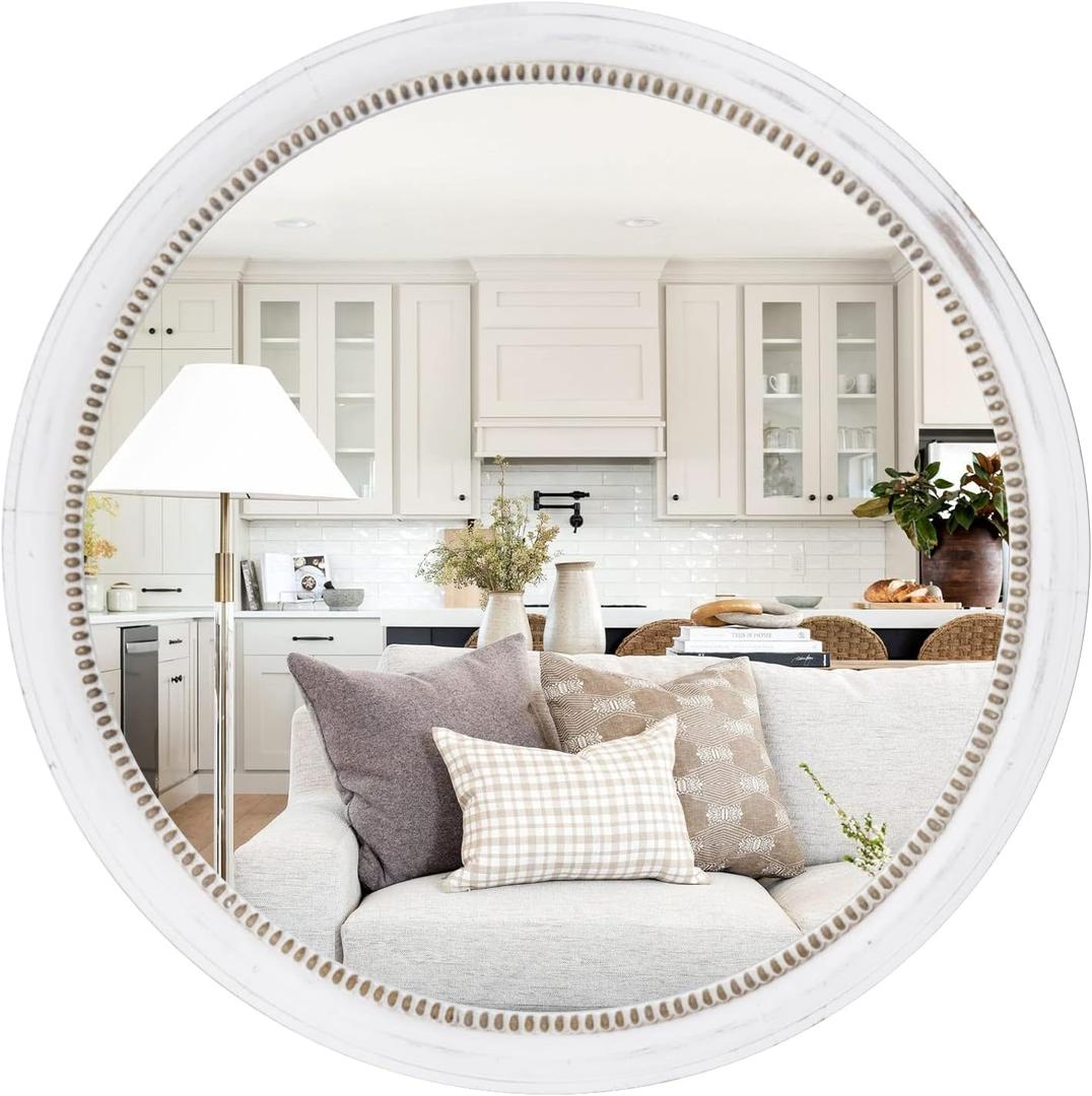 Rustic Farmhouse Mirror,28" White Natural Wooden Circle Wall Mirror,Round Decorative Wall Hanging Mirror with Beads for Bedroom, Living Room or Entryway