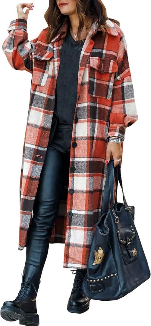SKIKYAN Women Fall Flannel Plaid Shacket Jacket Oversized Button Down Long Shirt Jacket (XX-Large, Orange)