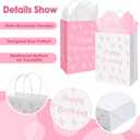 Kolldenn 30 Pack Pink Bow Birthday Party Paper Bags with Handles Kraft Gift Wrap Bags for Coquette Bow Party Favors Grocery Goody Snacks Decoration Supplies