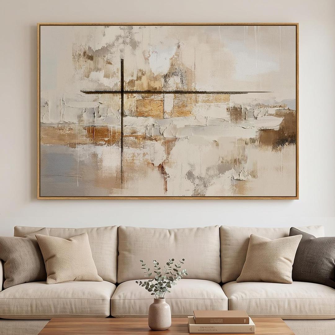 Extra Large Framed Neutral Beige Abstract Wall Art, Horizontal 60x40 In
