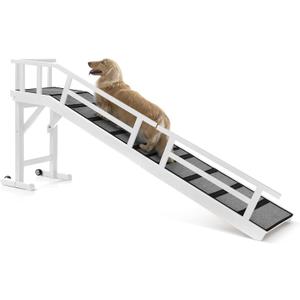 Dog Ramp for Bed or Couch, Wooden Pet Ramp with 20 Gentle Slope, Removable Side Rails, Non-Slip Surface, Top Platform & Wheels, Safe Bed Ramp for Small, Large & Senior Dogs, 74" Long, White