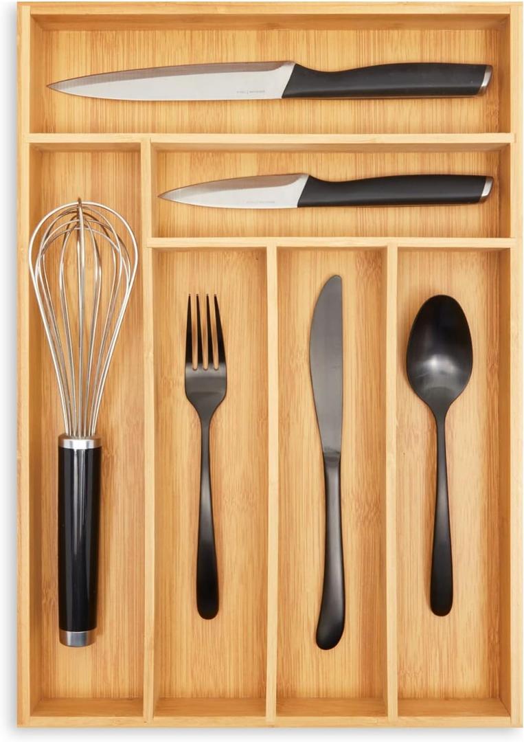 Juvale Bamboo Silverware Organizer for Drawer, Kitchen, 6 Slot Utensil Tray (17 x 11.75 x 1.75 In) (Brown)