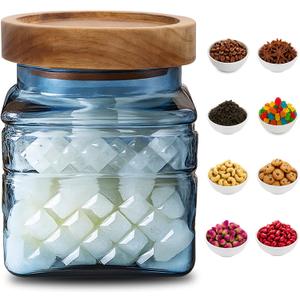 Vintage Glass Jars for Kitchen Storage  21.6 OZ Square Candy Canister with Acacia Lid, Food Storage Container for Coffee, Sugar, Candy, Tea - Farmhouse Counter Decor for Rustic Home (Blue)