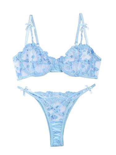 Lilosy Petite Sexy Cute Underwire Push Up Strappy Heart Embroidered Mesh Sheer Lingerie Set for Women Bachelorette See Through Bra and Panty 2 Piece Bow Light Blue XX-Small