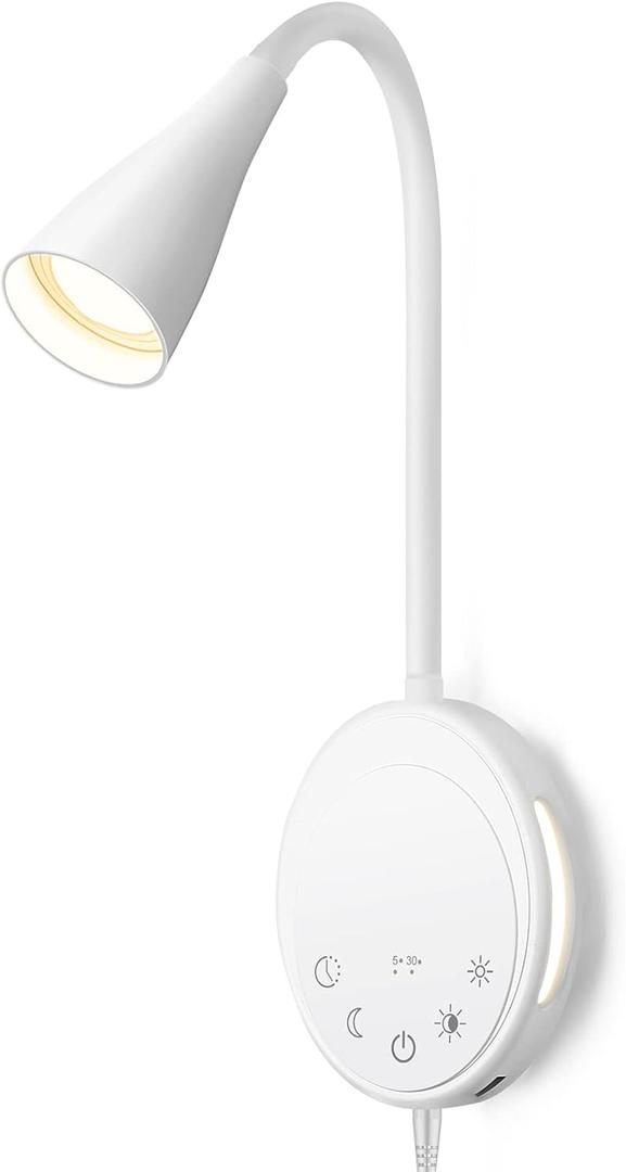 LED Wall Mounted Reading Light, Book Light for Reading in Bed with Touch Control, 5 Dimmable, USB Output, Night Light & Timers Function, Flexible Gooseneck Headboard Bed Lights (White)