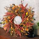 WANNA-CUL 24 inch Fall Wreath Decor for Front Door with Pumpkins, Hawthorn,Grain,Lantern Fruit,Berries,Eucalyptus Leaves, Large Harvest Door Wreath for Autumn or Thanksgiving Decoration