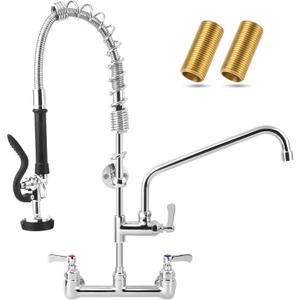 Commercial Sink Faucet - 25" Height Wall Mount With Pre-Rinse Sprayer - 8" Adjustable Center and 12" Add-on Swing Spout, Kitchen Faucet With Pull Down Spray (Chrome)