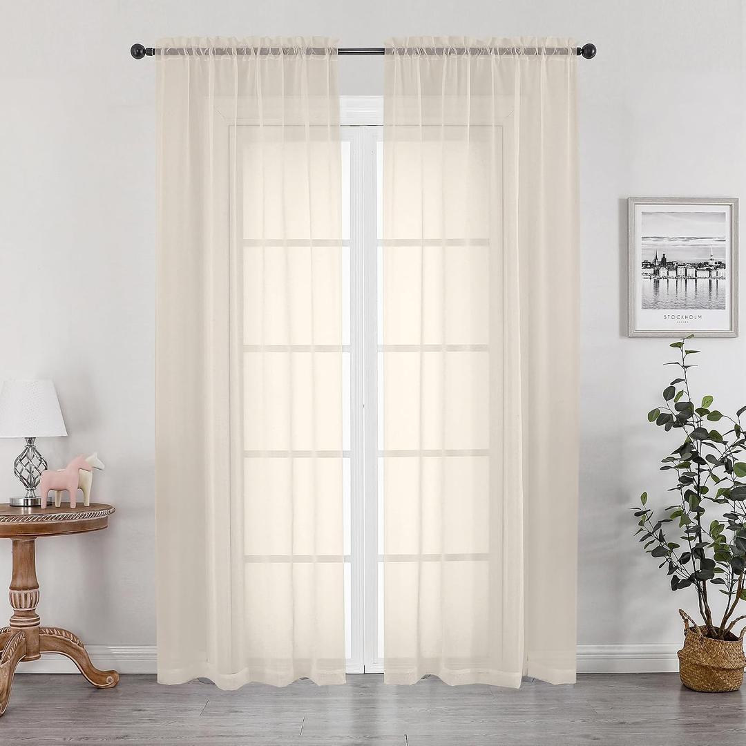 OWENIE Cream Sheer Curtains 84 inches Long 2 Panels Set for Bedroom Living Room, Soft Solid Living Room Sheer Curtain, Rod Pocket Light Filtering Curtains, 2 Pcs Each 42 W x 84" L,Cream