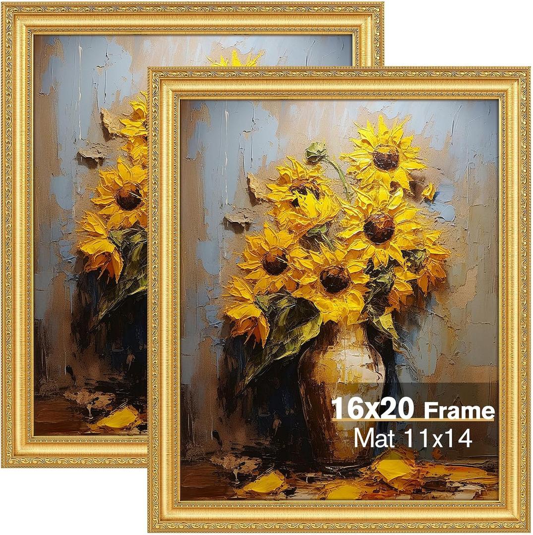 Splinterix 16x20 Gold Picture Frames Set of 2, Ornate Vintage 16 x 20 Photo Frames for Wall Decor or Tabletop Display, Gold Frames with Plexiglass, Display 11x14 Pictures with Mat or 16x20 without Mat for Antique Dco