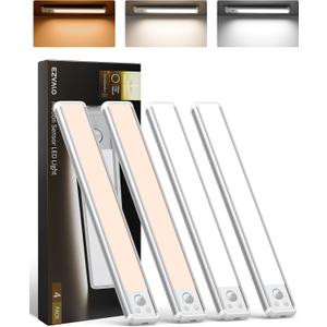 EZVALO 4-Pack Under Cabinet Lighting, 12-inch Motion Sensor Light, 2400mAh Rechargeable, 3 Color Temperatures, Dimmable, Magnetic Wireless Lighting for Kitchen, Closet, Pantry, Stairs (11.8 inch)