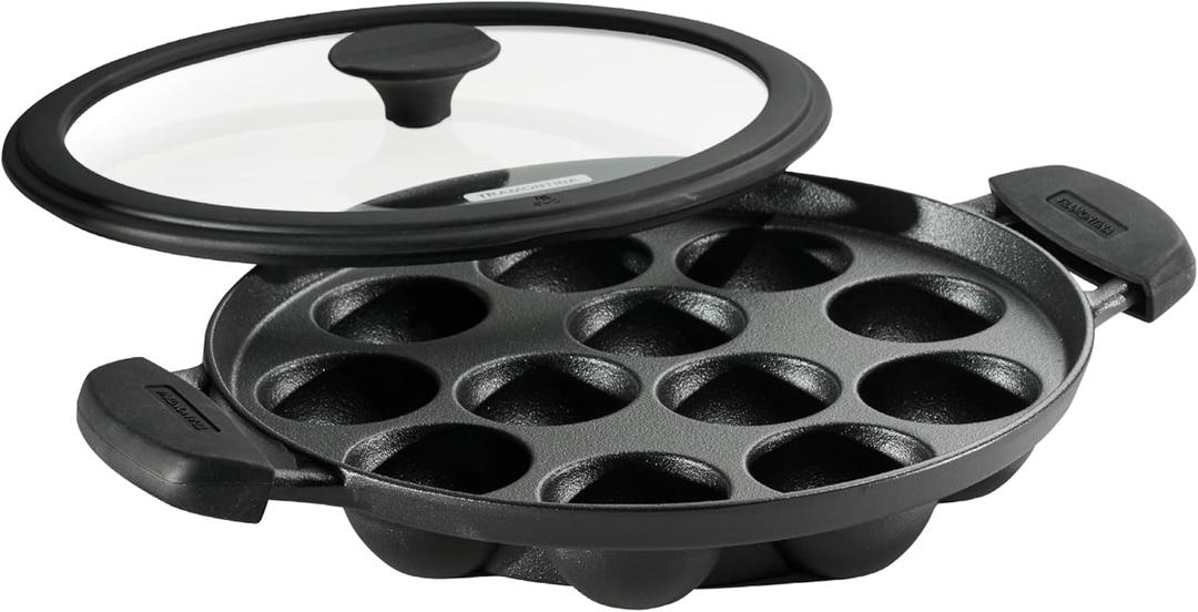 Tramontina Utsava Pre-Seasoned Cast Iron Appam Pan, 12-Hole Appe Pan with Lid, Great for Paniyaram, Takoyaki and more
