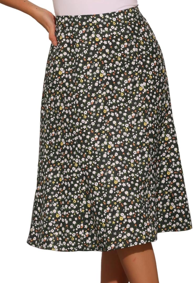 Allegra K Floral Skirt for Women's Elastic Waist A-Line Midi Skirts, Large