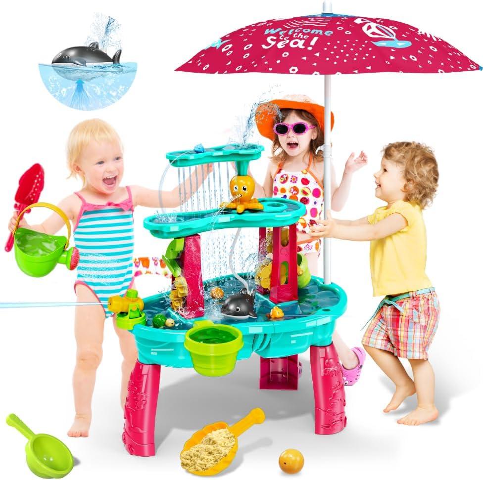 VATOS Sand Water Table Toys for Toddlers Kids - with Water Pumb & Umbrella 3-Tier Kids Splash Table, Water Play Toys for Outside Outdoor Backyard, Toddler Sand Sensory Table for Boys Girls