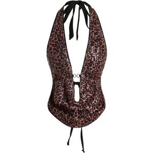 Verdusa Women's Cheetah Print Sequin Top Y2K Tie Back Corset Halter Going Out Crop Tops