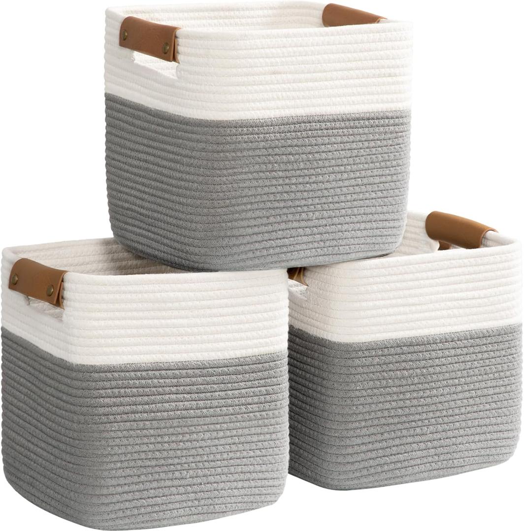 danpinera 3 Pack 11"x11" Woven Basket for Organizing, Square Storage Baskets for Pillows, Towels, Toy, Clothes, Magazines, Decorative Storage Cubes for Bedroom, Living Room, Classroom, Grey (White & Gray)