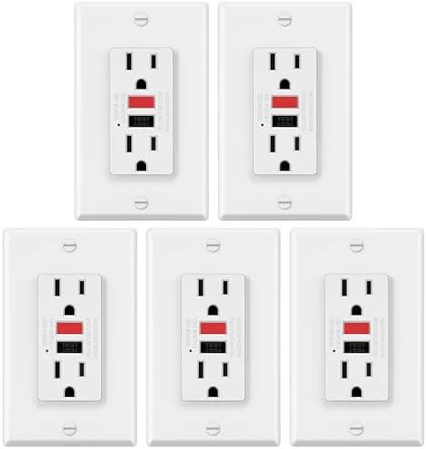 ELECTECK 5 Pack GFCI Outlets 15 Amp, Non-Tamper Resistant, Decor GFI Receptacles with LED Indicator, Ground Fault Circuit Interrupter, Wallplate Included, ETL Listed, Red/Black Button