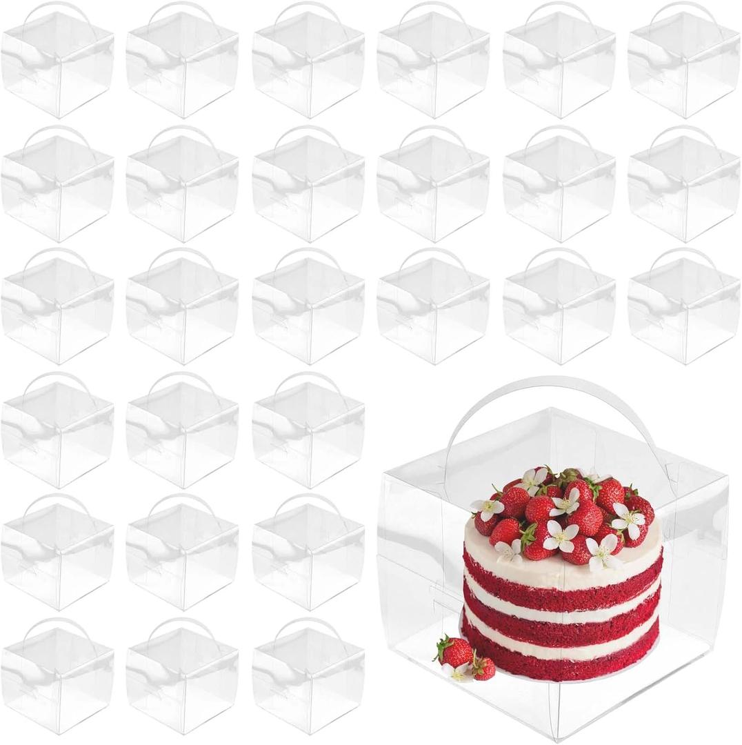 SEUNMUK 60 Pieces 5 x 5 x 4 Inch Clear Cake Boxes with Handles & Cake Boards, Transparent Bakery Boxes, Plastic Cake Packaging Boxes for Birthday, Wedding