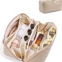ALEXTINA Large Travel Makeup Bag Makeup Organizer with Collapsible Handle, Waterproof Cosmetic Bag for Women, Open Flat Toiletry Bag for Travel Essentials & Travel Size Toiletries,Khaki