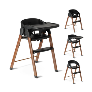 Deryan High Chair Baby Toddler Foldable Wooden High Chair with 5 Point Strap Height Adjustable Folding Includes Safety Belt and Tray 6 Months to 3 Years (110 kg) Black/Wood