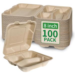 Aricsen Compostable 100 Pack 8x8 Inch 3 Compartment Takeout Lunch Box Containers with Lid To Go Take Out Clamshell for Food, Disposable Eco-Friendly Biodegradable Bagasse, PFAS-Free, Unbleached Brown