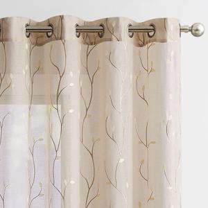 jinchan Beige Boho Sheer Linen Curtains for Bedroom 96 Inch Length Floral Embroidered Semi Sheer Privacy Drapes for Living Room Embroidery Voile Transparent Grommet Window Treatments 2 Panels