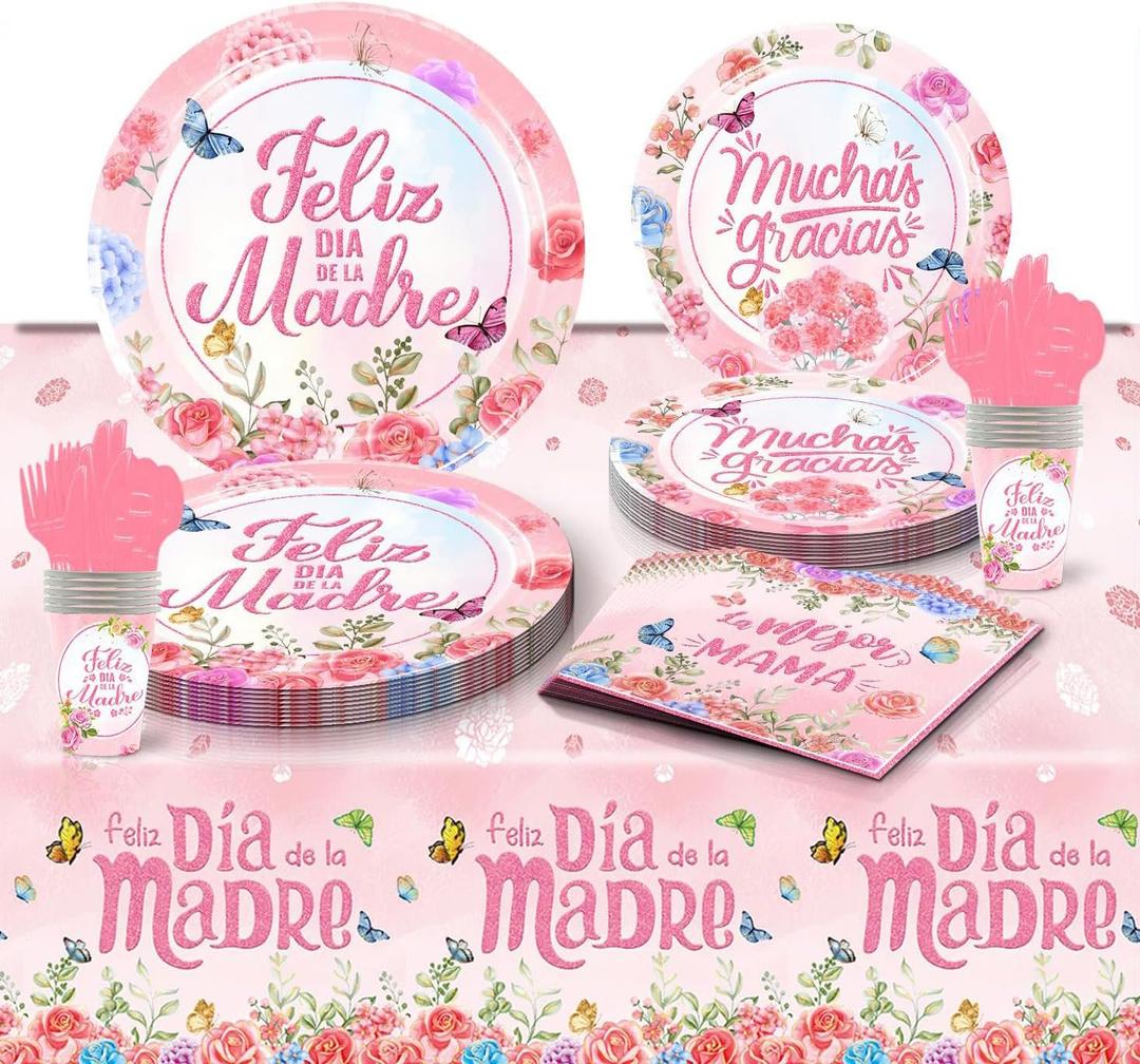 Feliz Dia De Las Madres Decorations Spanish Mothers Day Plates and Napkins Folks Knives and Spoons for Dia De Las Madres Party Supplies Decorations, Serve 12 Guests
