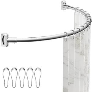 ENJOYBASICS Curved Shower Curtain Rod with Shower Rings, Adjustable Round Bathroom Rod for Extra Space, Rustproof, Need to Drill, Silver, 35-77 Inches