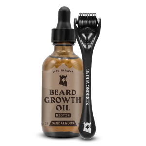 Striking Viking Beard Growth Kit for Men - Sandalwood Scent - 1 Fl Oz of Thickening & Conditioning Biotin Beard Growth Oil & 1 Applicator - Naturally Derived Growth Serum with Argan & Jojoba Oil