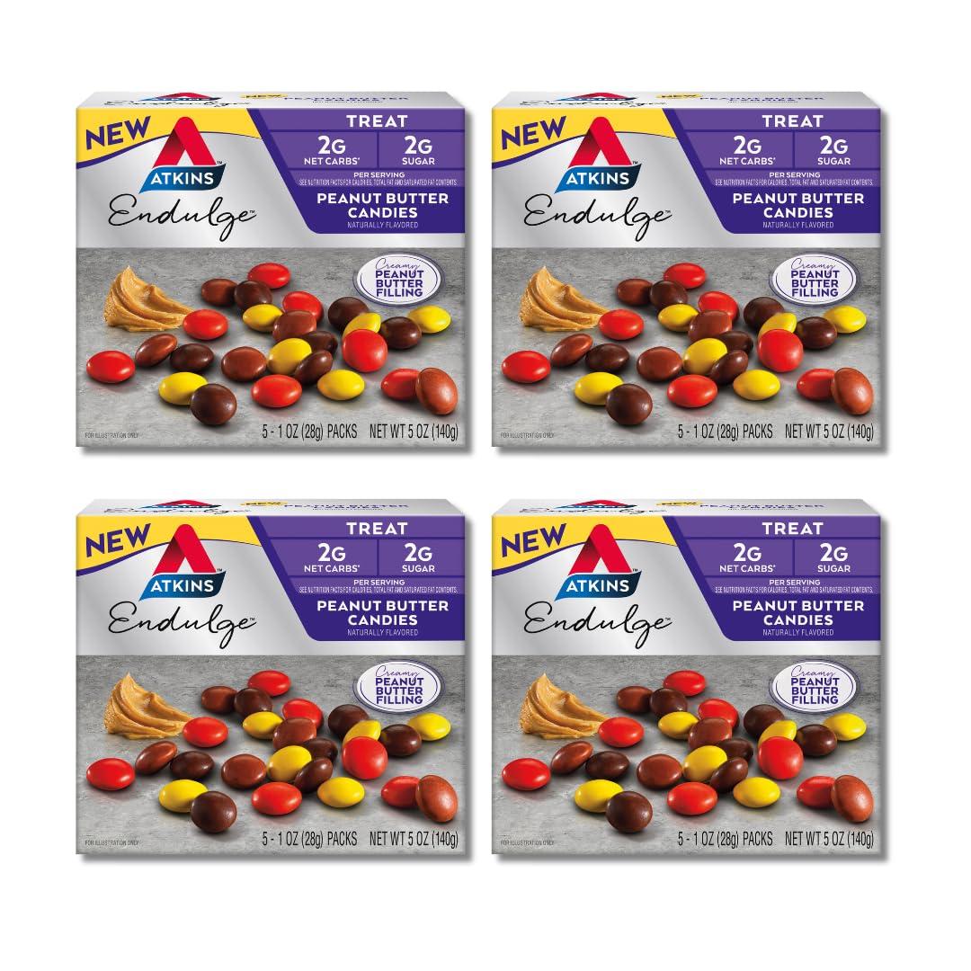 Atkins Endulge Treat, Peanut Butter Candies, 2g Net Carbs, 2g Sugar, Creamy Peanut Butter Filling, Low Carb, Low Sugar, 4 Packs (5 Count Each) Best By: 01/22/26
