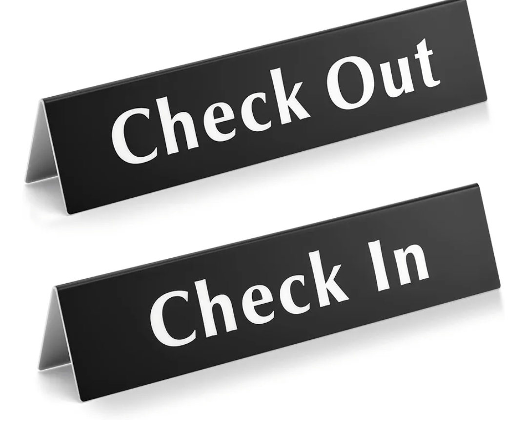 2 Pcs Check In Check Out Sign 2" x 9" Reception Desk Lobby Counter Signs Acrylic V Shaped Table Top Laser Engraved Counter Signage for Hotels, Resorts, Events