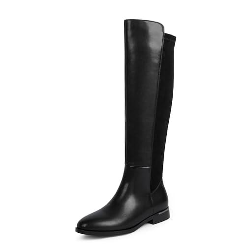 Modatope Black Rounded Toe Flat Knee High Boots Low Heel Elastic PU Leather Riding Boots Fashion Fall Winter Dress Boot Size 9