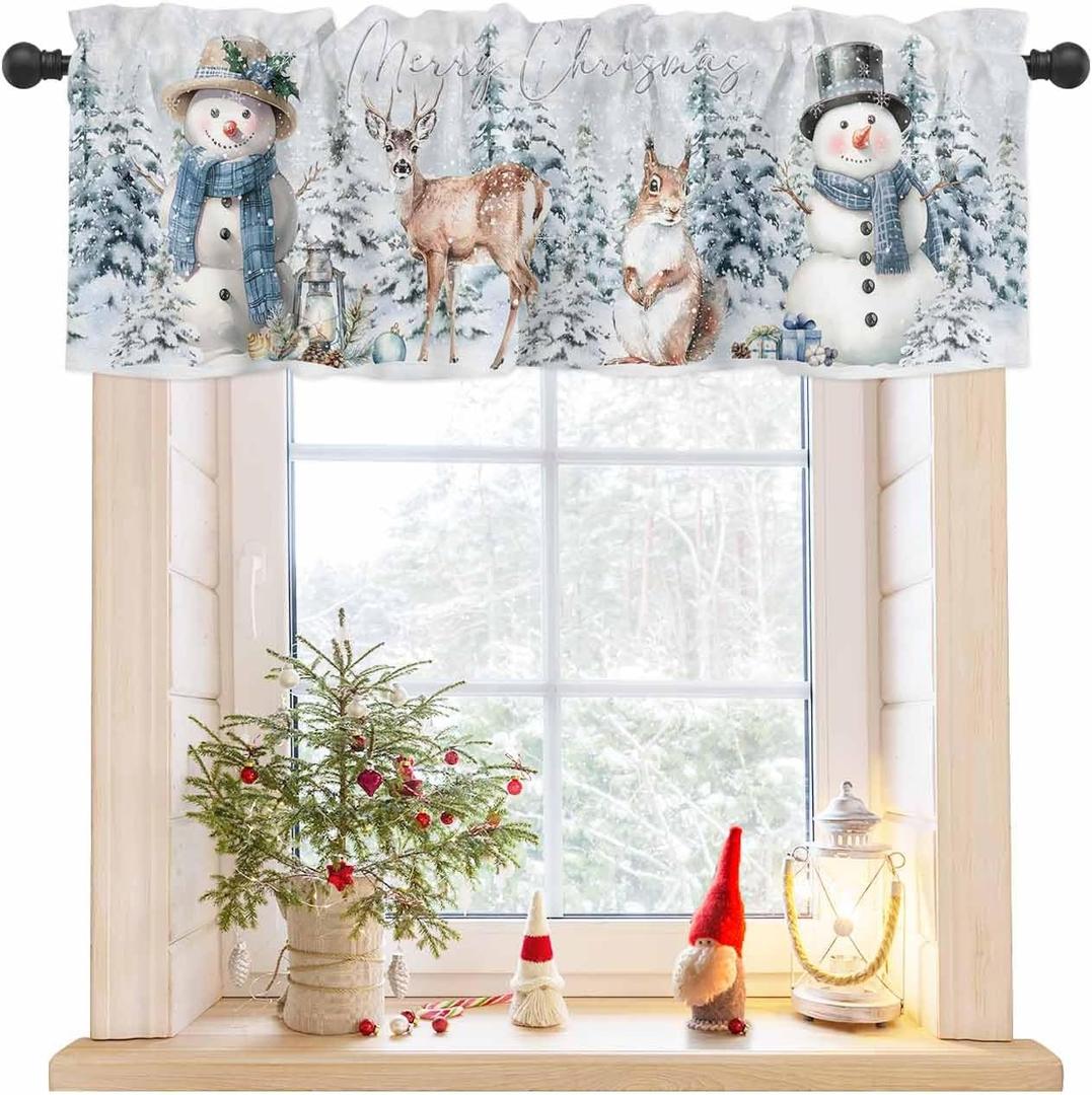 Christmas Snowman Snowflake Kitchen Valances for Windows Living Room, Winter Rod Pocket Valance Curtains Farmhouse Xmas Tree Reindeer Window Treatment for for Bathroom Bedroom 54x18inch, Washable