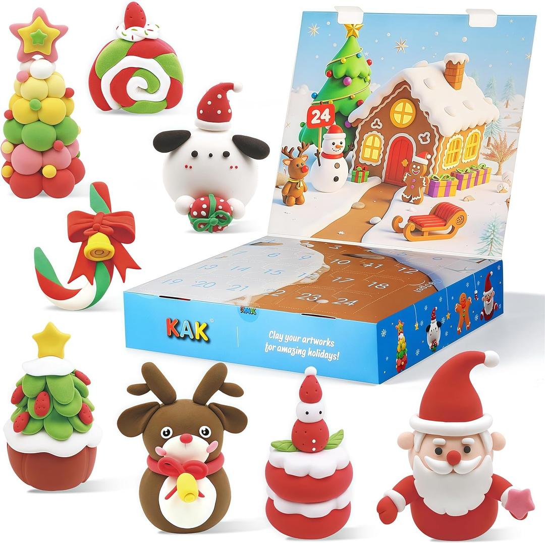 Christmas Advent Calendar 2025  24-Days Countdown Calendar with 24 PCS Air Dry Clay Kit with 10 Christmas Hangers, DIY Molding Clay Toys Surprise Gifts for Kids Boys & Girls Teens Toddlers