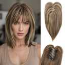 HOOJIH Hair Topper for Women with Thinning Hair 4x2.5inch Base Real Human Hair Topper with Bangs Handmade Invisiable Lace Front Topper - Medium Brown with Blonde Highlights
