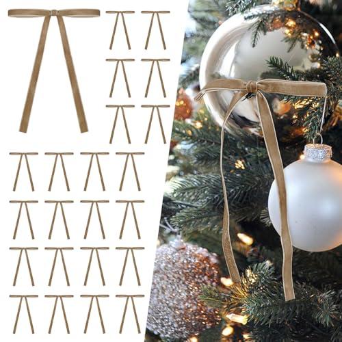 SIMISI RIBBON 24Pcs Khaki Christmas Velvet Ribbon Bows Decorations Xmas Ornaments Vintage Decor for Tree, Wreath, Garland (3/8'' Width, 5 * 7 inch)