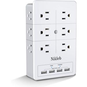 Multi Plug Outlet Surge Protector Nikleb, 12 Electrical Outlets Extender with 4 USB Charging Ports Total 4.8A, Wall Plug Expander 3 Prong for Room, Office, Gaming, Cord Organizer Accessories