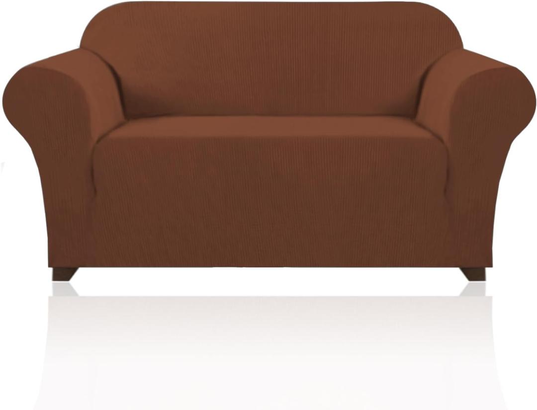 PrinceDeco Stretch Loveseat Sofa Cover Slipcover Couch Cover for 2 Cushion Sofa Washable Sofa Cover for Pets Friendly Furniture Protector Covers with Non Slip Bottom(Loveseat, Caramel)