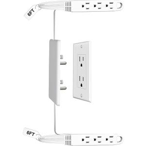 Dual 6FT Ultra-Thin Outlet Concealer, Universal Size Outlet Cover 6FT Twin Extension Cord with 3 Outlets Each Side, Ideal for Home Appliances on Opposite Sides of a Wall Outlet