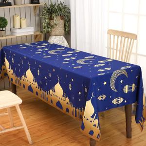 Rtteri 60 x 84 Inches Ramadan Tablecloth Decorations Eid Mubarak Washable Tablecloths Ramadan Cloths Polyester Eid Al Fitr Party Table Covers for Rectangle Table Dining Room Kitchen Decor(Blue)
