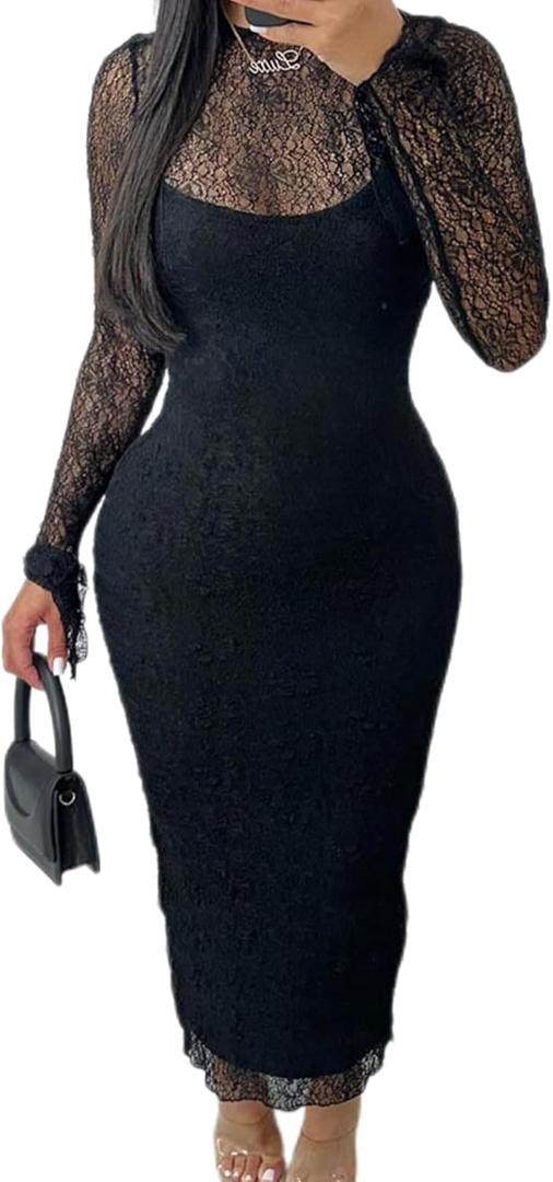 Sexy Lace Dresses for Women Long Sleeve Midi Dress Elegant Bodycon Cocktail Dresses Club Date Night Outfit (Black, XL)