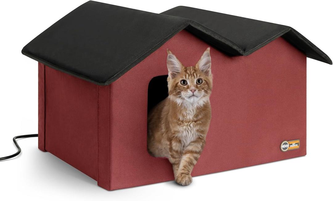K&H Pet Products Extra-Wide Heated Outdoor Cat House for Outside Pets in Winter, Weatherproof Outdoor House for Ferals, Insulated Shelter, 2 Doors, Waterproof Heated Cat Bed, Safety Listed - Red